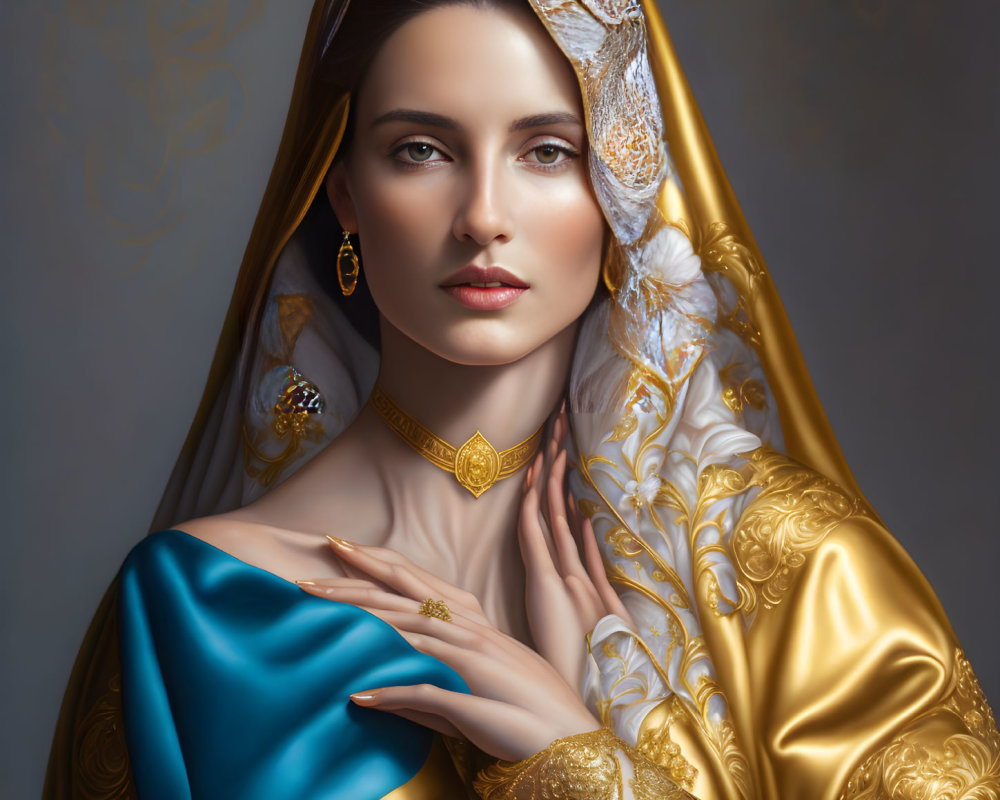 Serene woman in golden headdress and blue garment with gold details