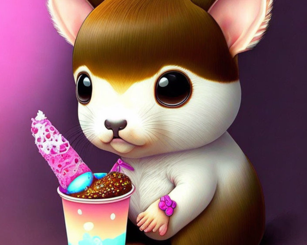 Stylized cartoon illustration of cute chihuahua with ice cream