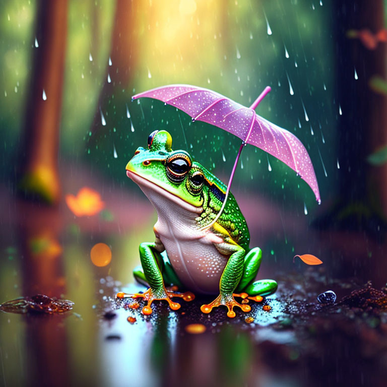 Colorful Frog Sheltered by Purple Umbrella in Enchanting Rain Scene