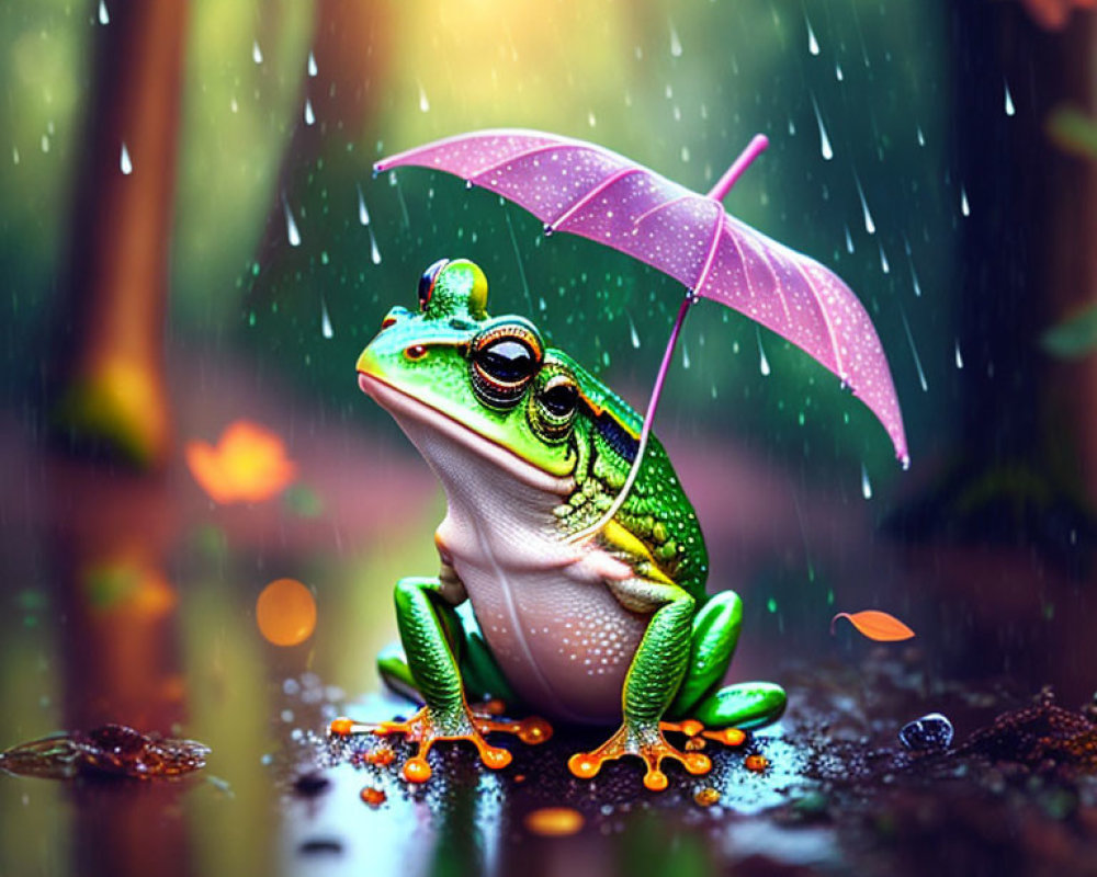 Colorful Frog Sheltered by Purple Umbrella in Enchanting Rain Scene