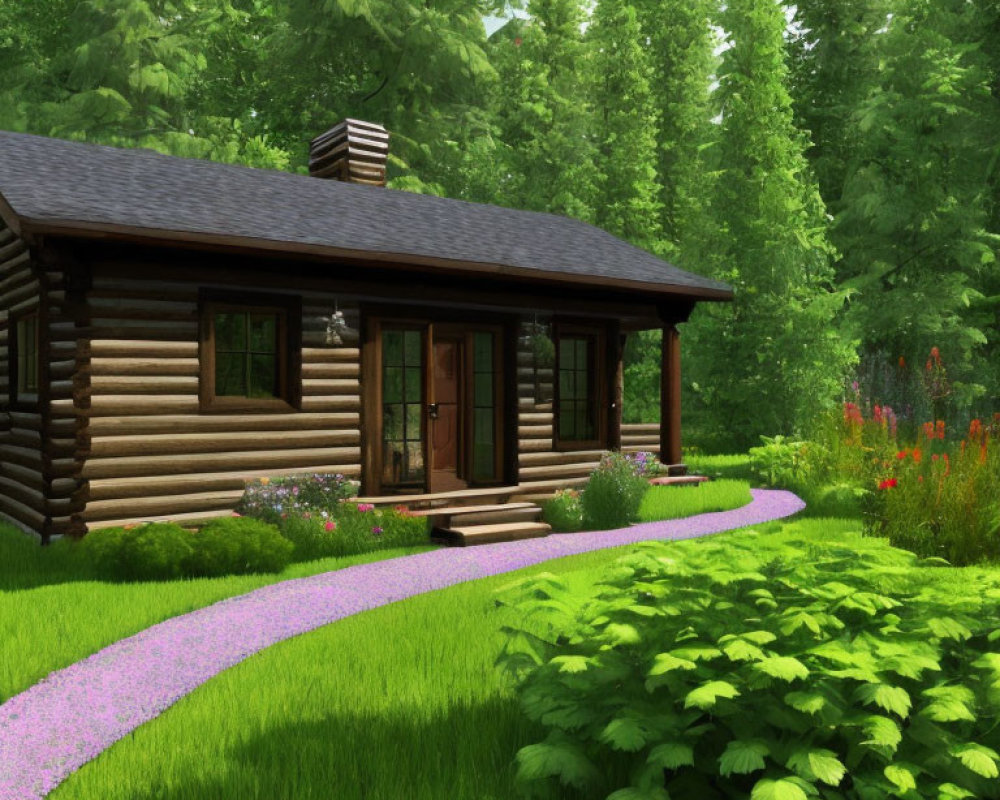 Rustic log cabin with purple gravel pathway in lush forest