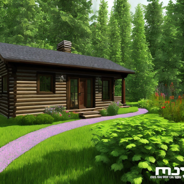 Rustic log cabin with purple gravel pathway in lush forest