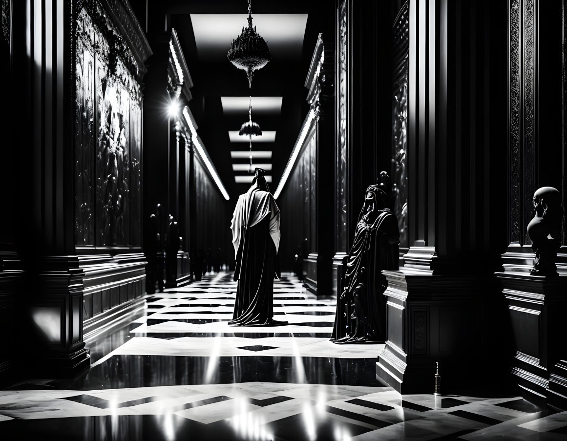 Monochrome image of silhouetted figures in elegant hallway