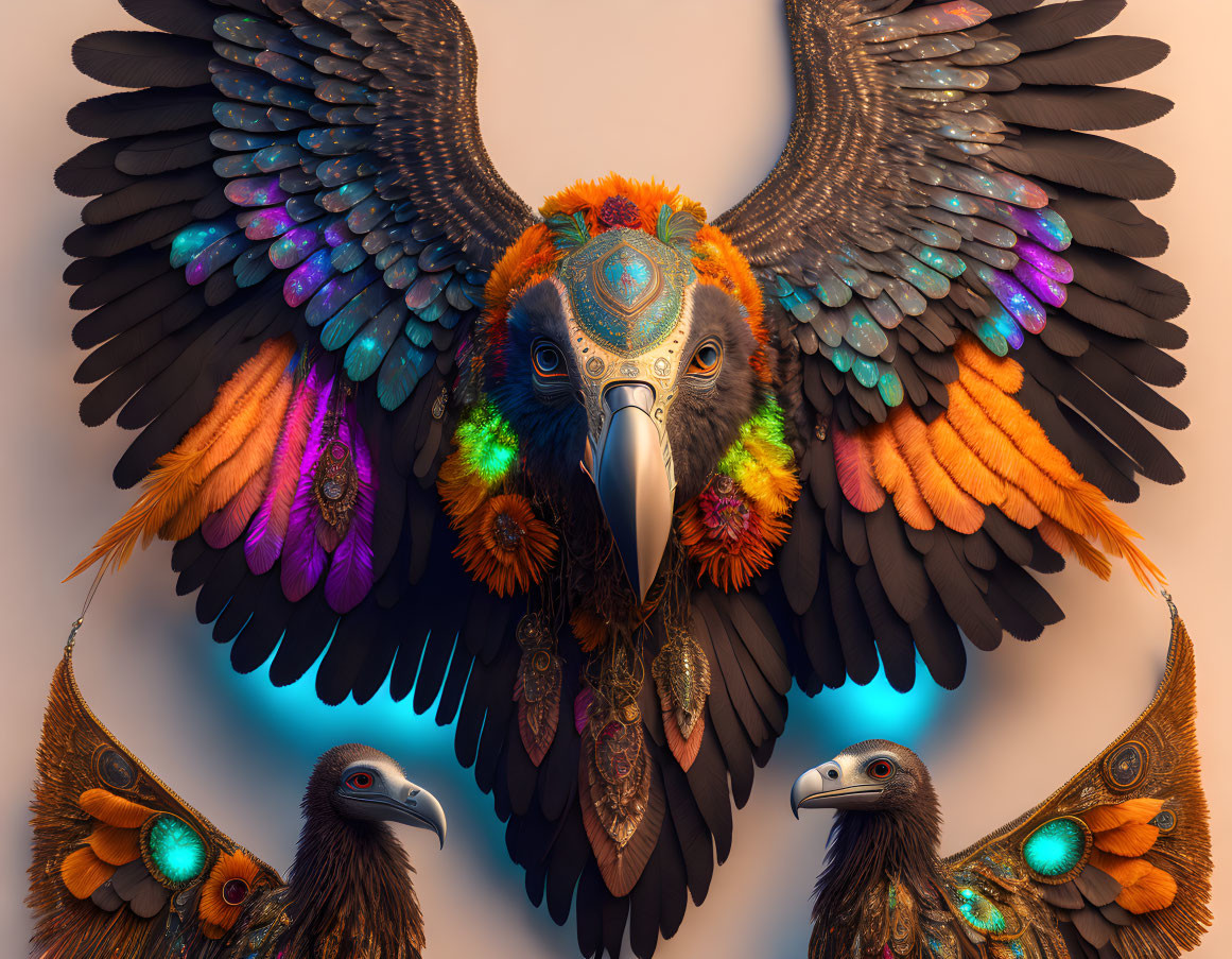 Colorful digital artwork: Three stylized birds with intricate feather patterns