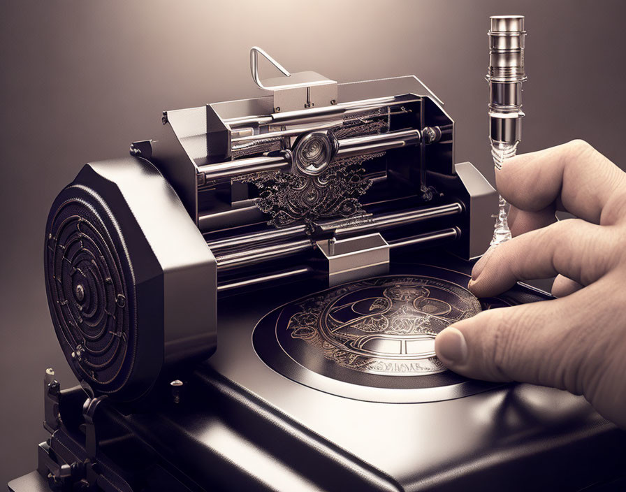 Intricately designed mechanical device with ornate gears and rotating disk