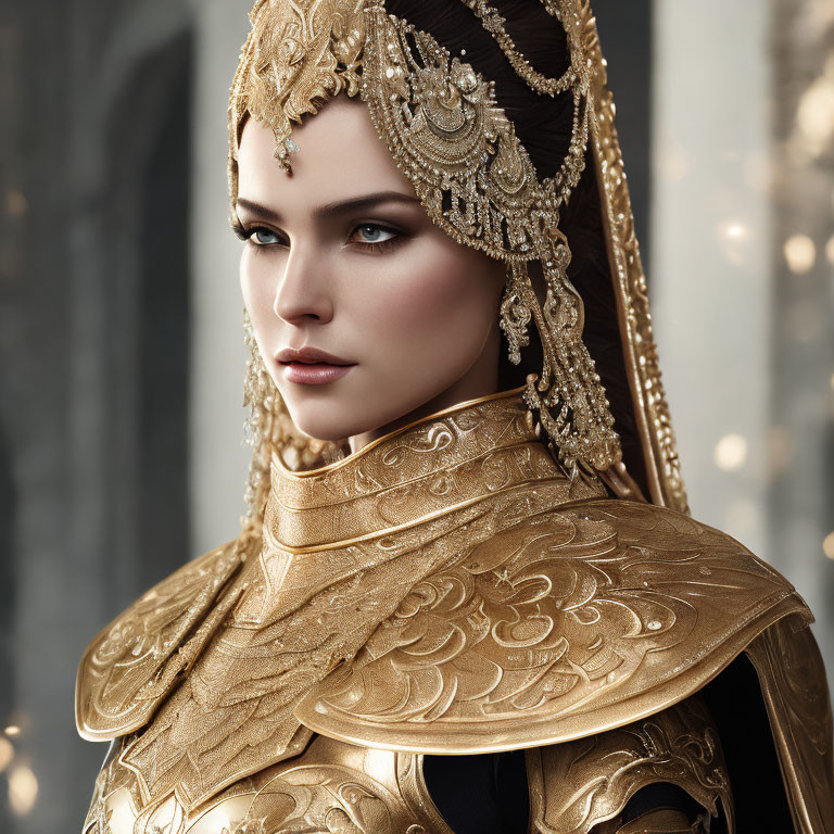 Regal woman in ornate gold armor and headdress with intricate designs