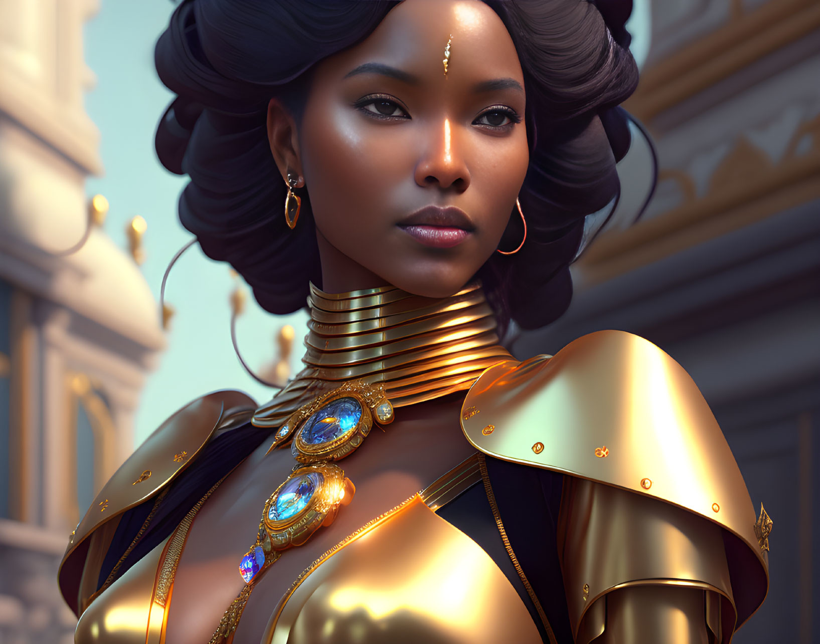 Regal woman in golden armor with gemstone necklace and intricate hair design