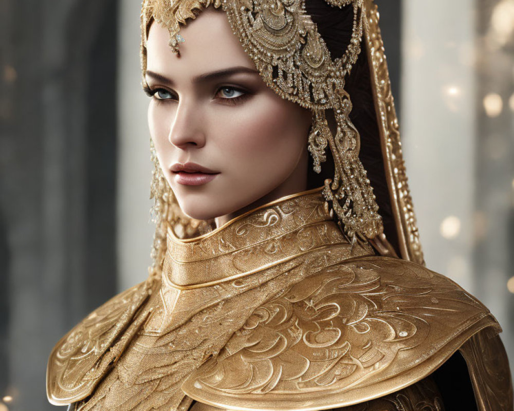 Regal woman in ornate gold armor and headdress with intricate designs