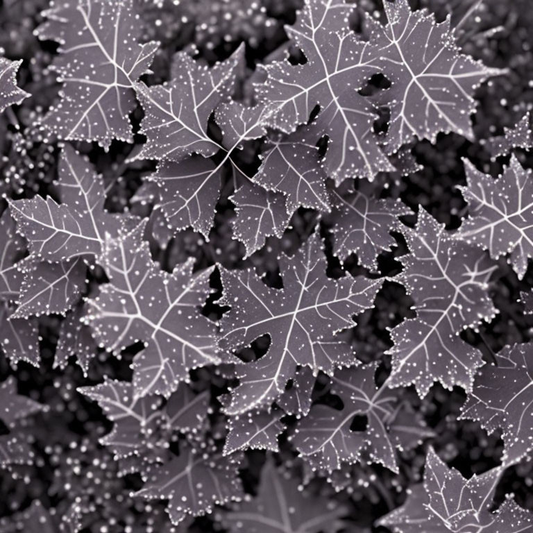 Monochrome photo: Maple leaves with dew droplets showcasing intricate nature pattern.