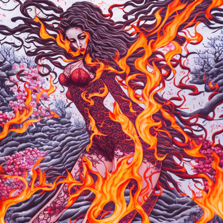 Fantastical illustration of woman with fiery hair and flames amidst cherry blossoms