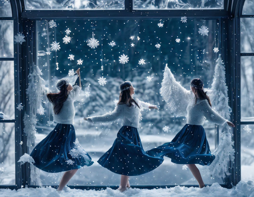 Three people dancing in snowy scene through window with snowflake decorations.