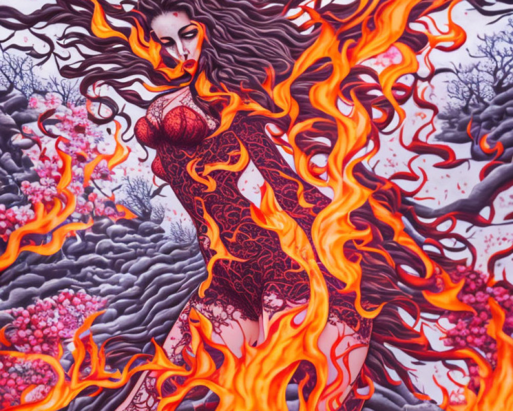 Fantastical illustration of woman with fiery hair and flames amidst cherry blossoms