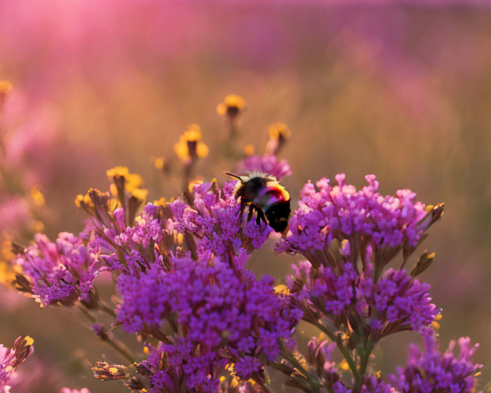 Bumblebee gathering nectar on vibrant purple flowers at sunset