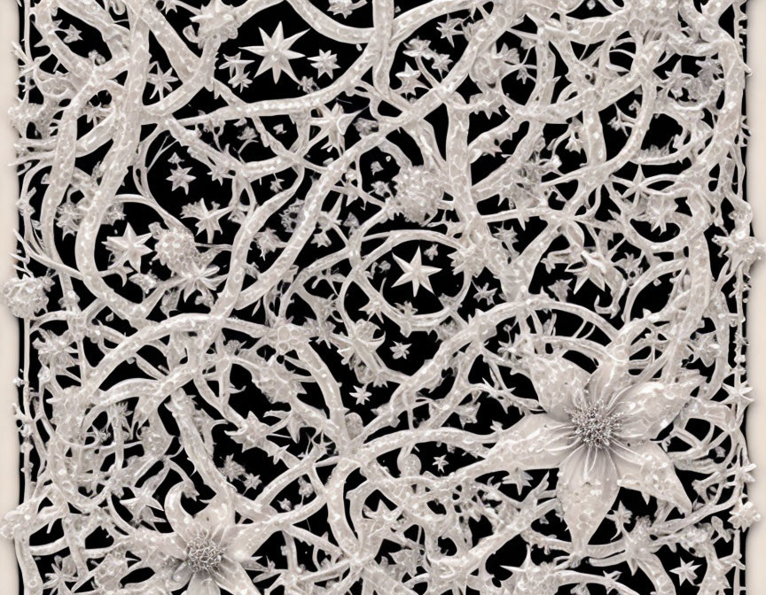 Silver and White Floral Lace Pattern on Black Background