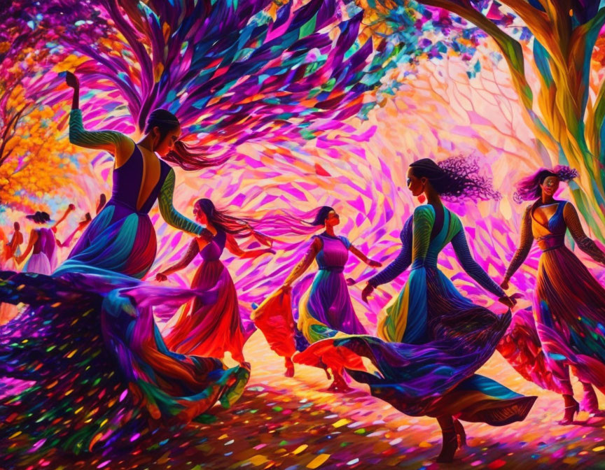 Vibrant women in colorful dresses dance in psychedelic forest