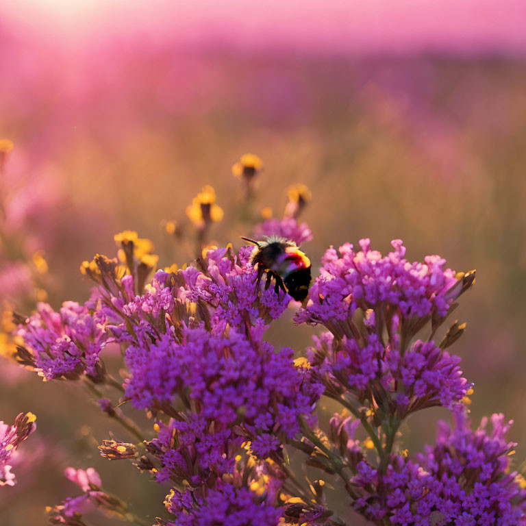 Bumblebee gathering nectar on vibrant purple flowers at sunset