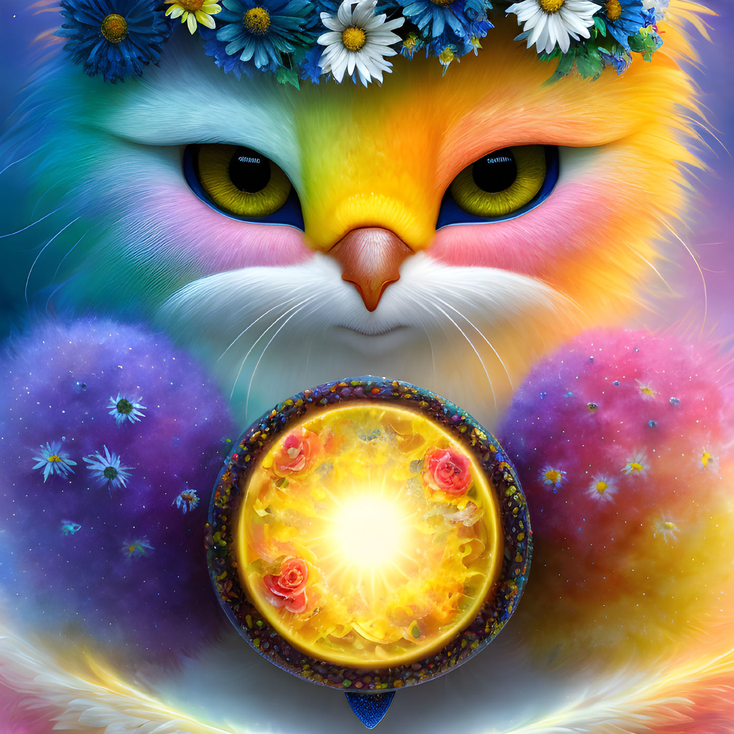 Colorful Digital Artwork: Cat with Floral Crown and Magical Orb in Cosmic Setting