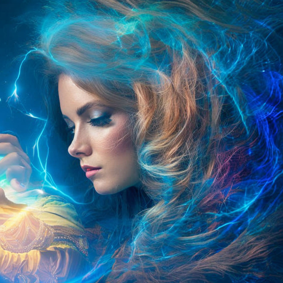 Woman with flowing hair in vivid blue and orange light: Electric fantasy portrayal