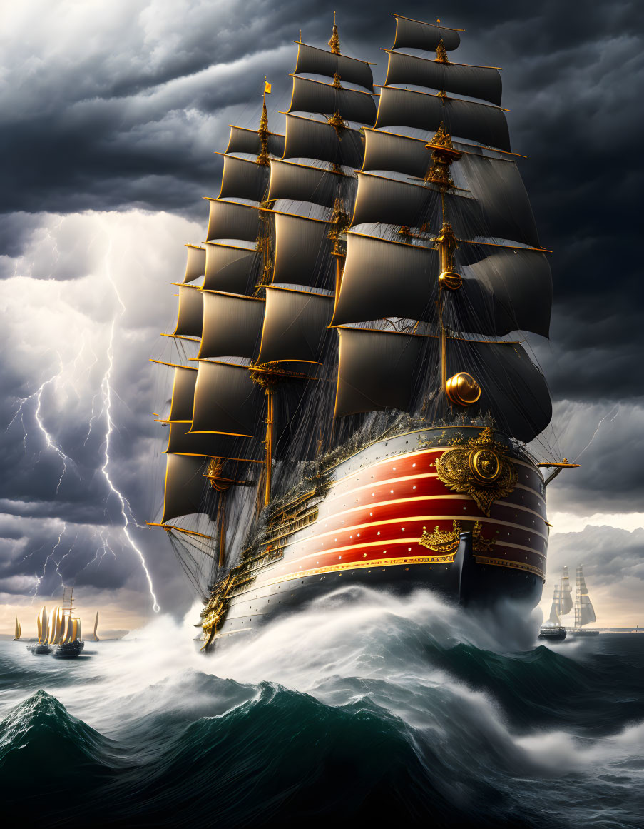 Majestic tall ship sailing stormy seas with full sails