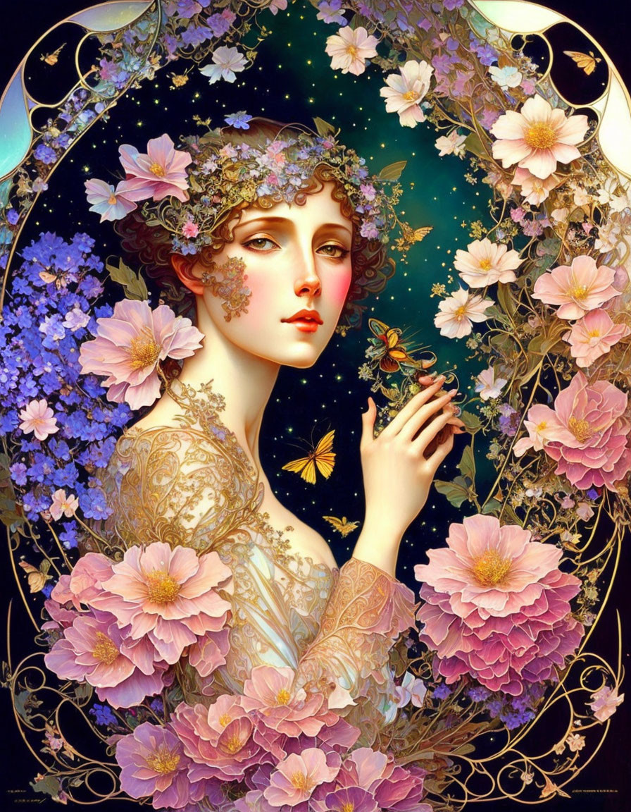 Woman with flowers, butterflies, and intricate patterns in celestial portrait