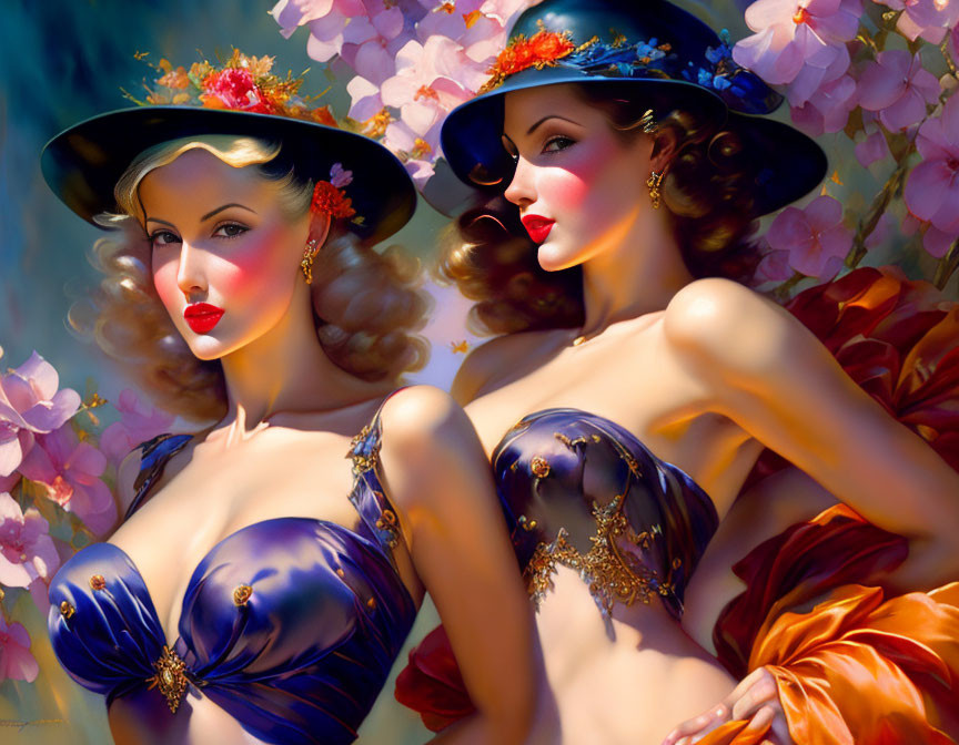 Vintage Style Portrait of Glamorous Women in Elegant Hats and Blue Tops