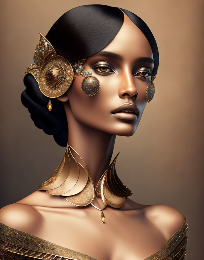 Digital artwork: Woman adorned with elegant gold jewelry on beige background