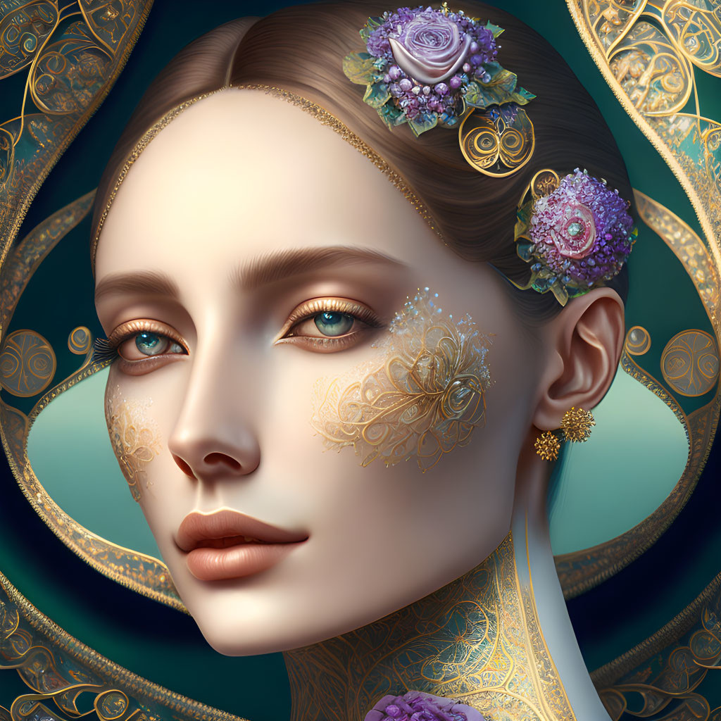 Digital portrait: Woman with gold details and floral adornments on teal background