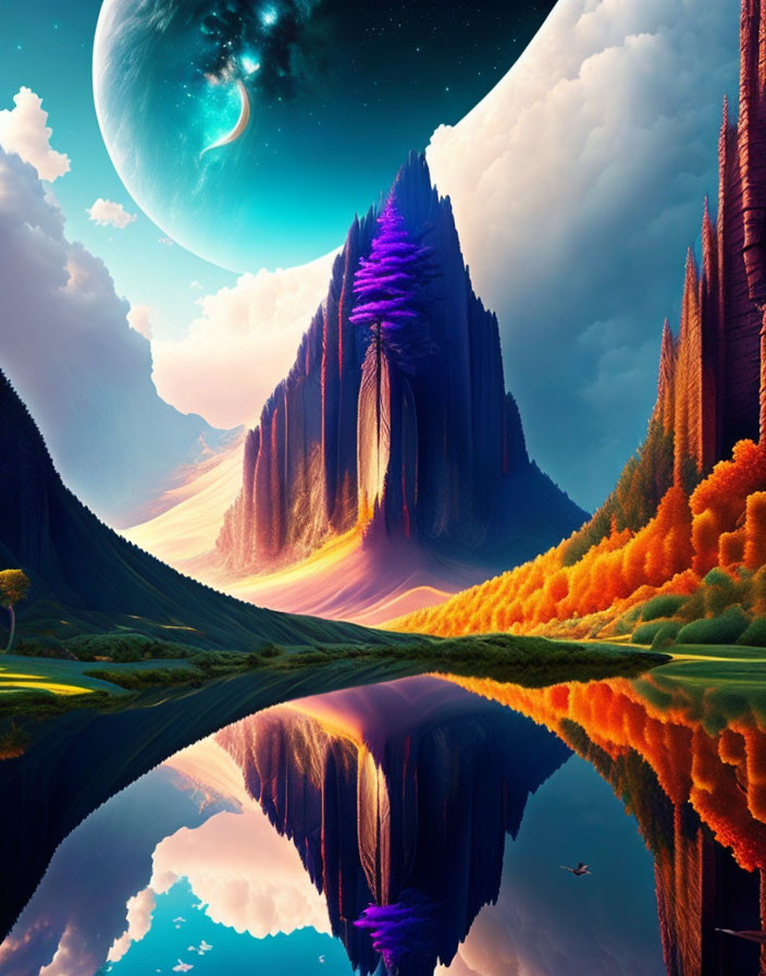 Vibrant cliffs, reflective lake, colorful trees, large moon, and planets in surreal landscape