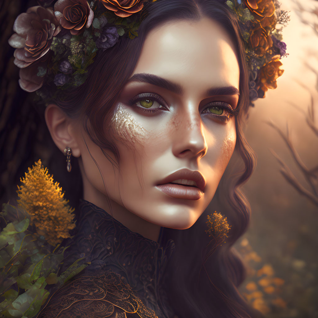 Digital Portrait of Woman with Floral Crown and Glittering Makeup