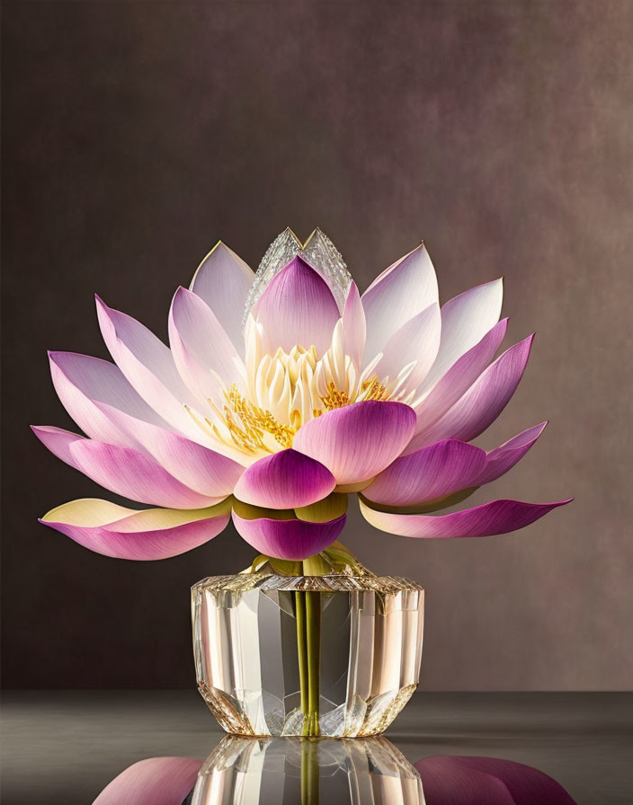 Stylized lotus flower with crystal heart in glass vase on brown background