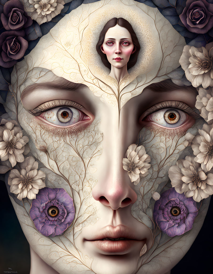 Surreal portrait: Woman's face, floral elements, multiple eyes, intricate patterns, muted colors