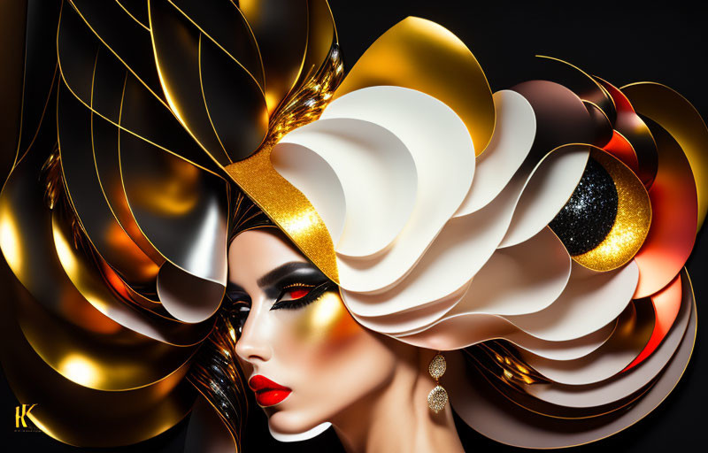 Abstract White and Gold Hairstyle Woman Art on Dark Background