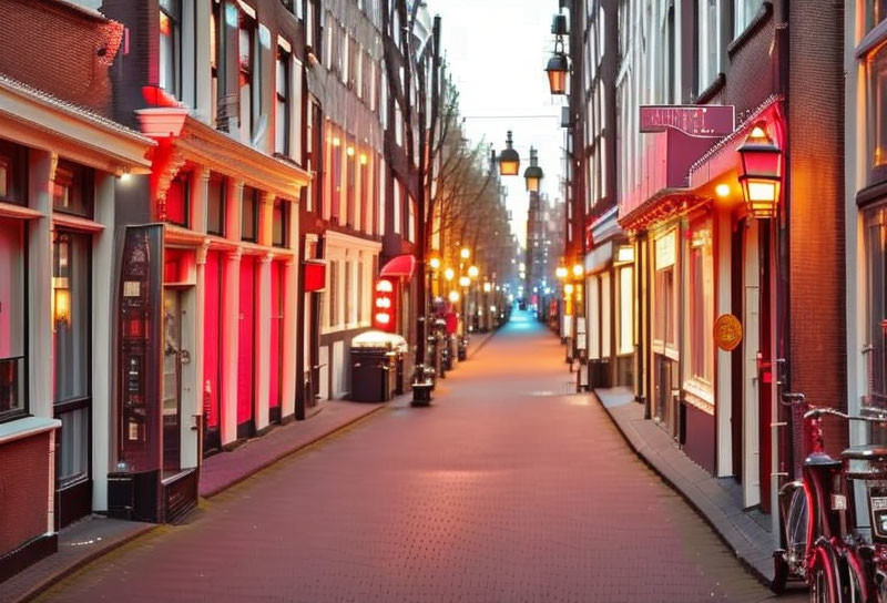 Amsterdam street at twilight with red-lit buildings, cobblestone road, parked bicycle