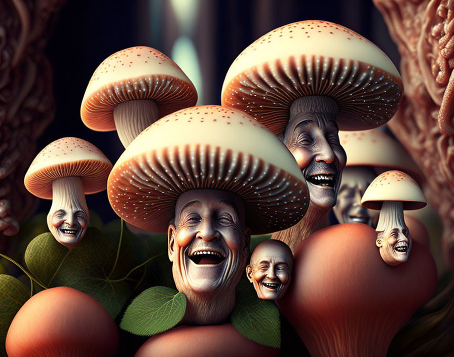 Human-like facial expressions on anthropomorphic mushrooms in foliage.