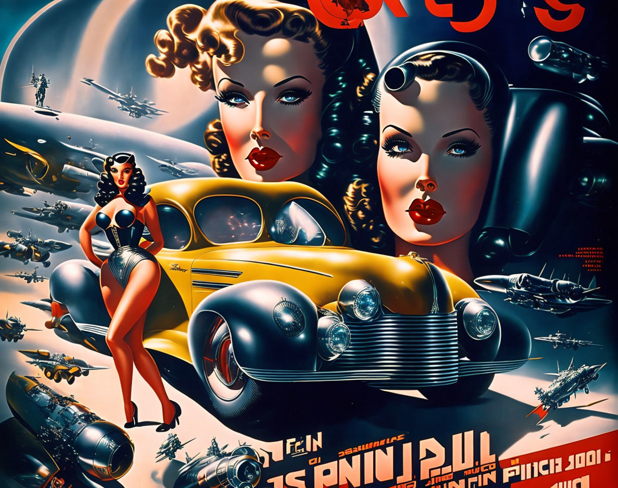 Vintage-style poster with stylized women and classic cars, bold typography, and aeronautical elements in