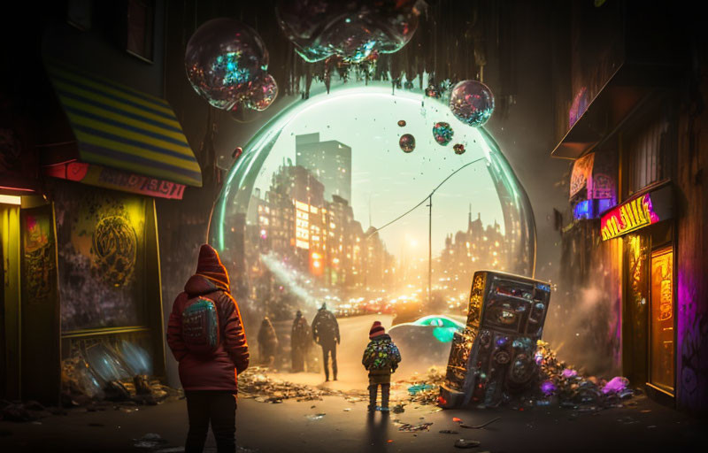 Person in red hoodie gazes at child near glowing bubble with floating cityscape in gritty alley