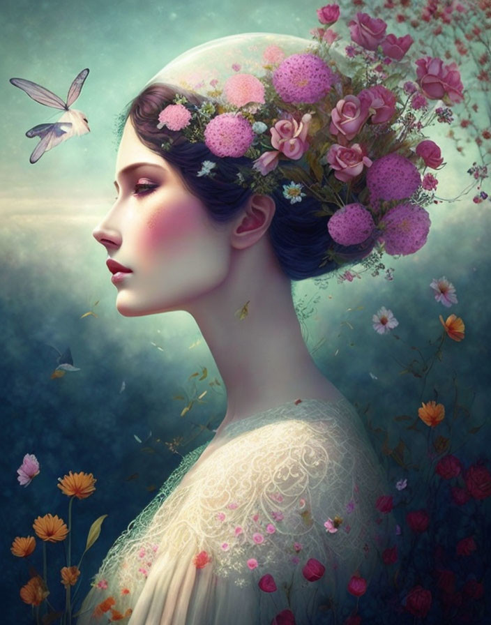 Surreal portrait of woman with blue hair and floral headdress in dreamlike setting