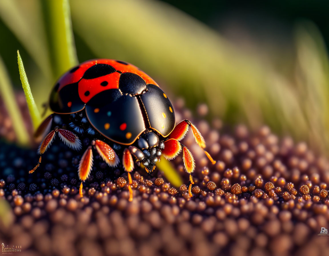 Detailed Red and Black Ladybug on Textured Brown Spheres