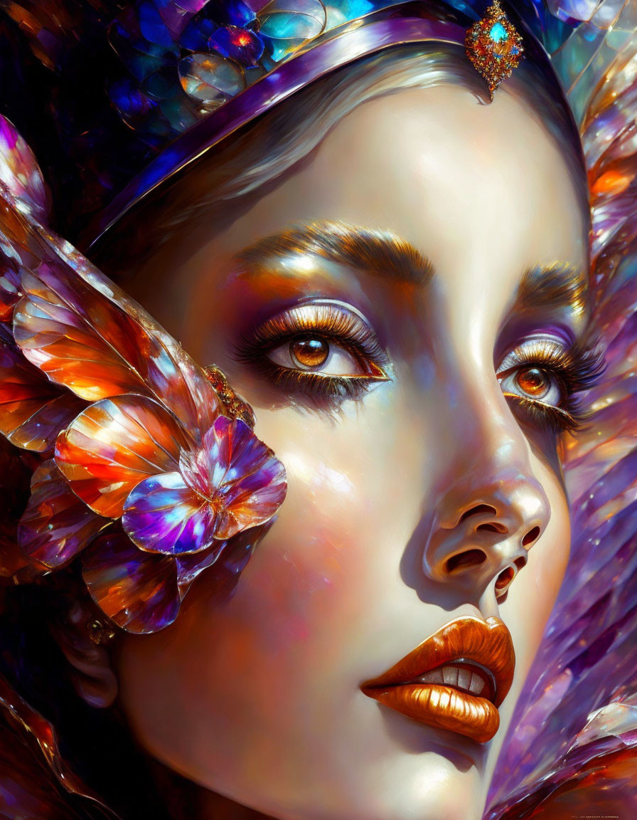 Colorful digital portrait of a woman with striking makeup and crystal-embedded butterfly accessories