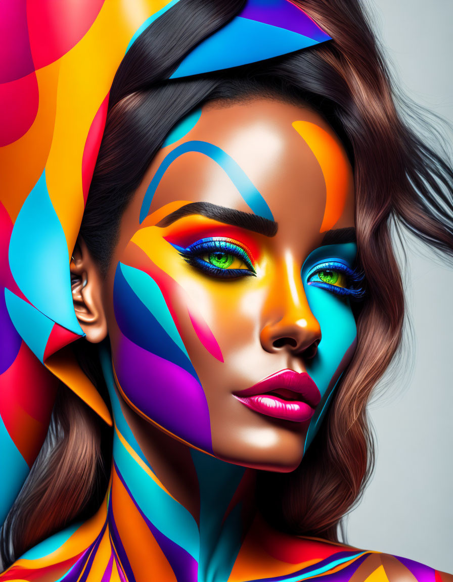 Vibrant multicolored face paint on woman against gray backdrop