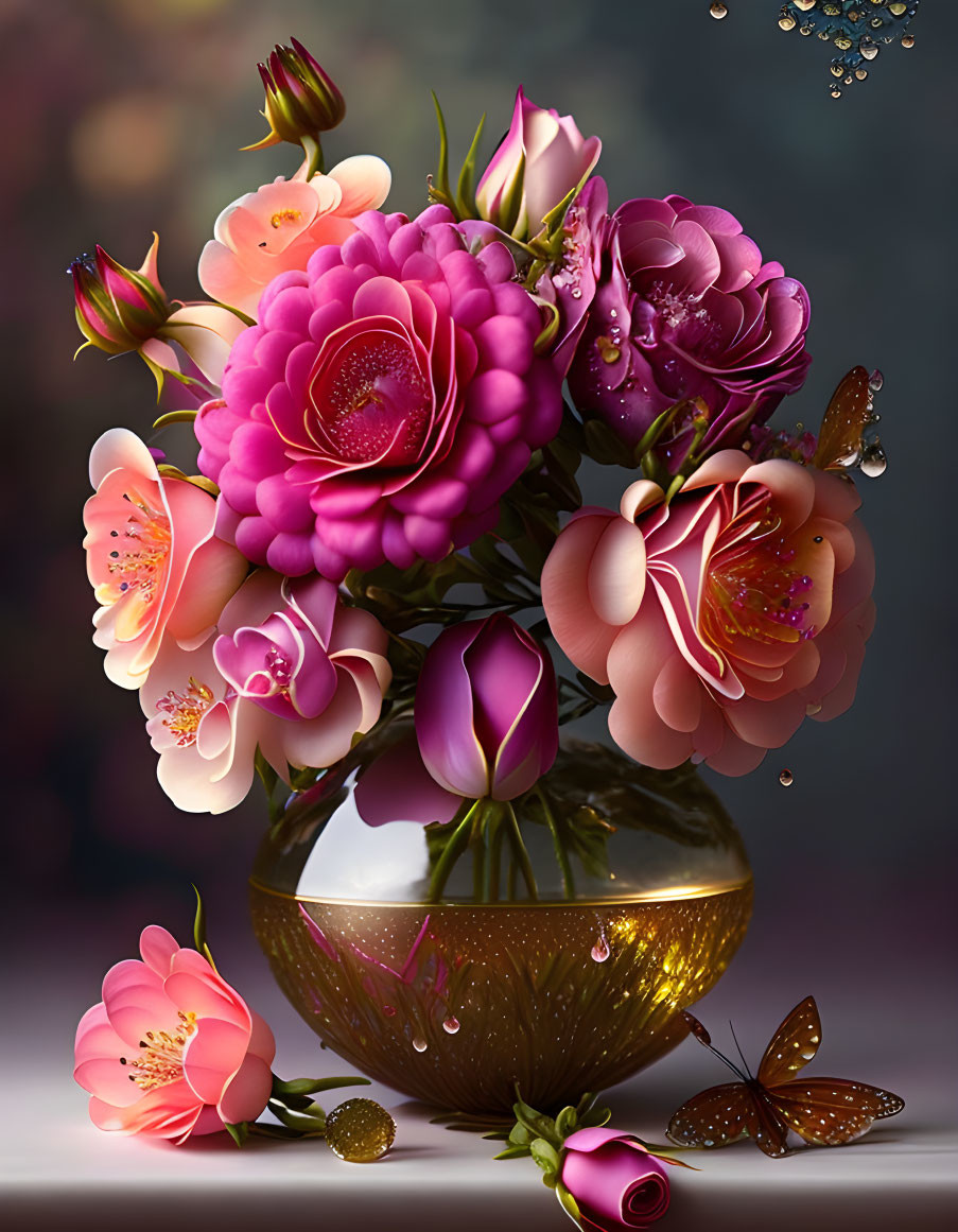 Pink and Purple Flower Bouquet with Dew Drops in Golden Vase and Butterflies on Soft-focus Background