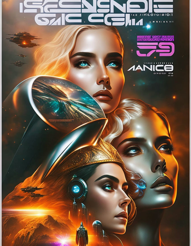 Futuristic poster with stylized female faces and cosmic cityscapes