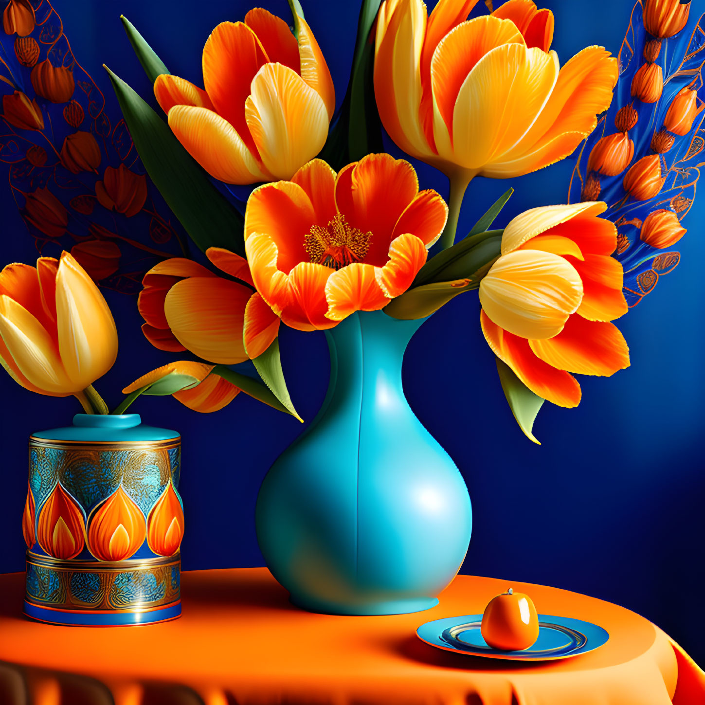 Orange tulips in blue vase with decorative container on orange surface.