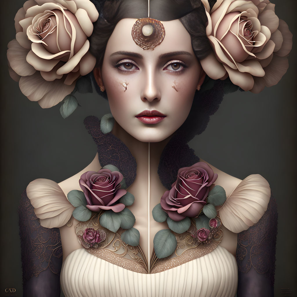 Illustrated portrait of woman with pale skin, dark hair, adorned with roses and crescent moon.