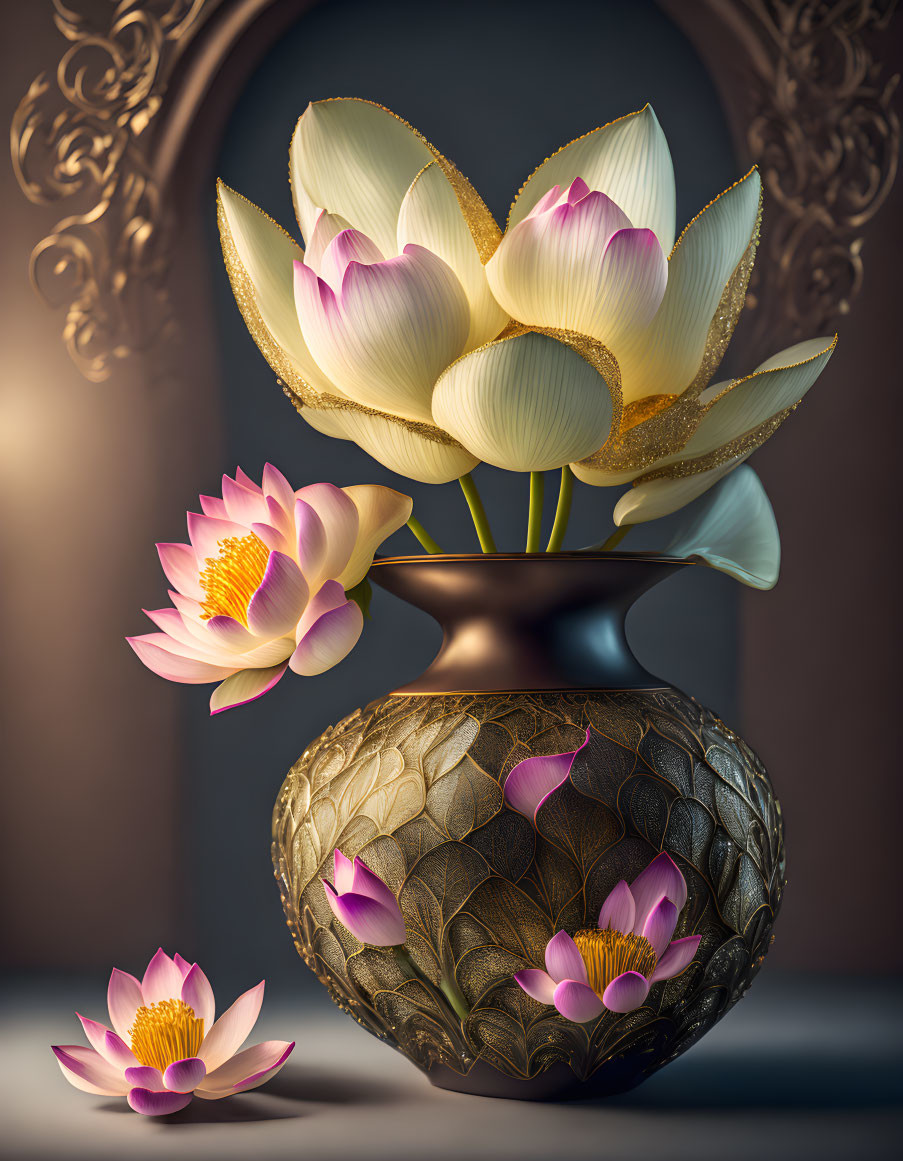 Embossed pattern decorative vase with blooming lotus flowers