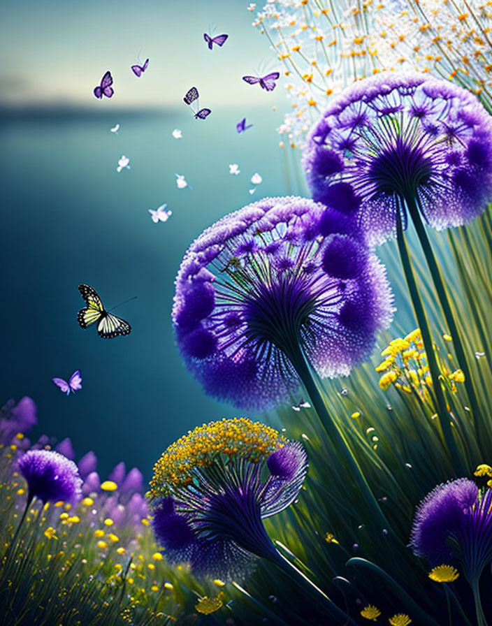 Surreal purple dandelion flowers with butterflies in vibrant digital art