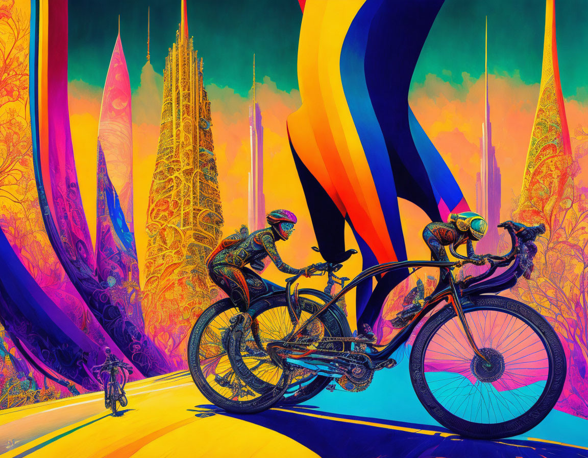 Colorful artwork: Two cyclists on a tandem bike in fantastical landscape