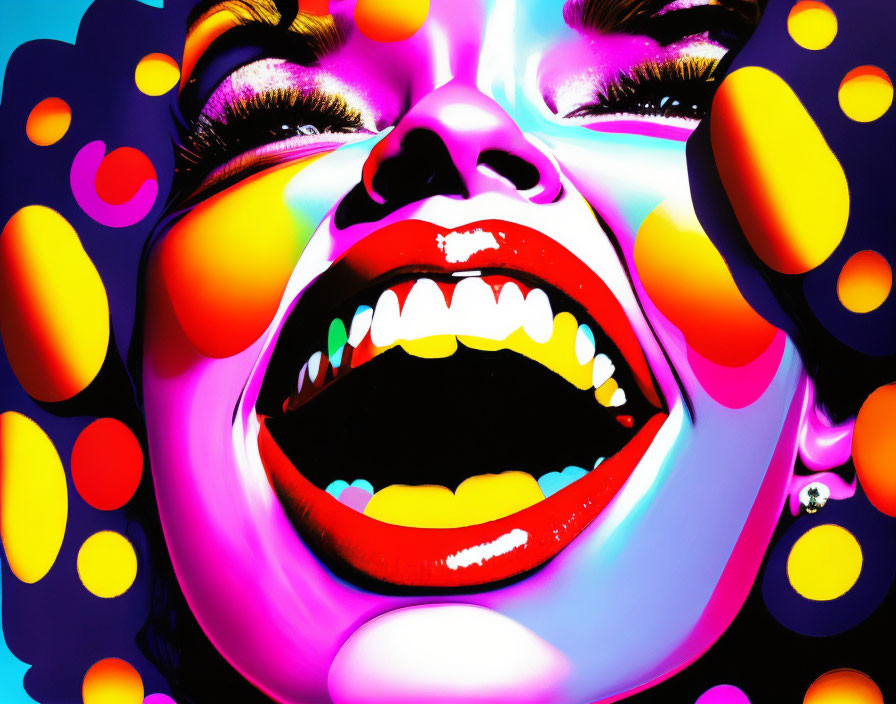 Vivid makeup on woman's open mouth against colorful backdrop