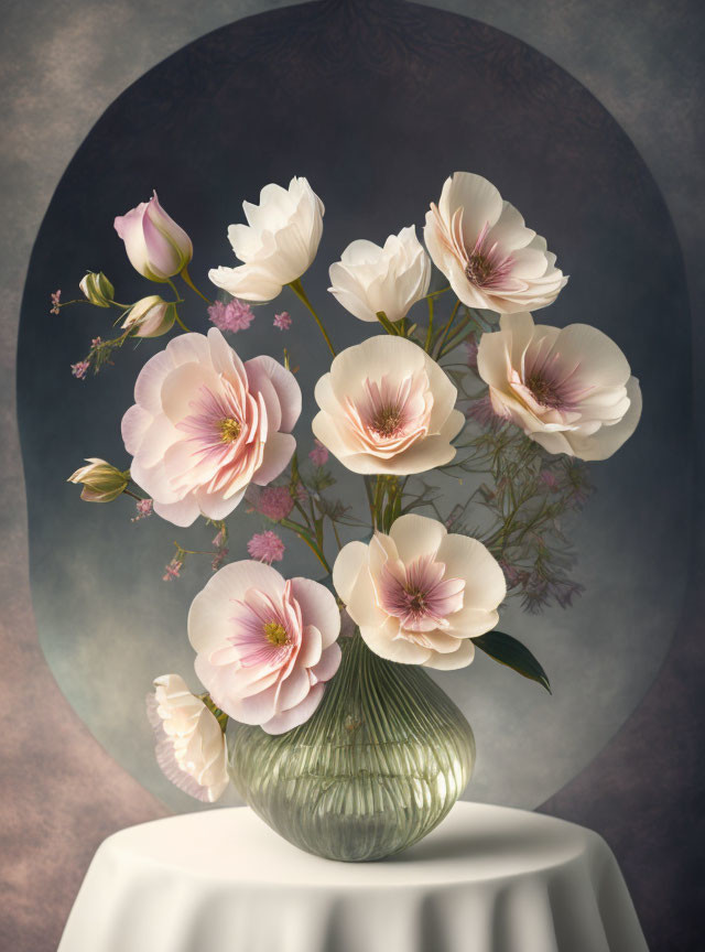 Pale Pink Flowers in Glass Vase on White Cloth with Moody Backdrop