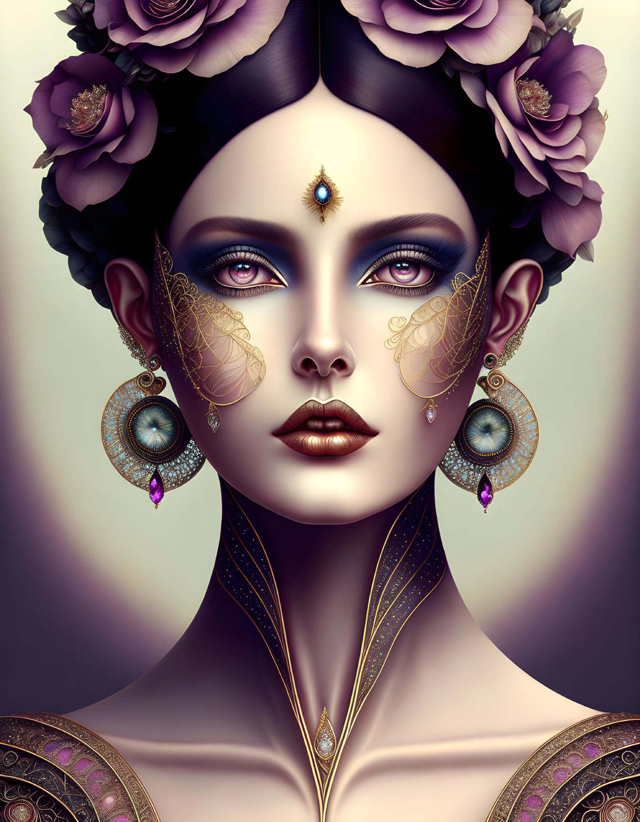 Digital painting of woman with ornate headdress, purple flowers, gold jewelry, and mystical third eye